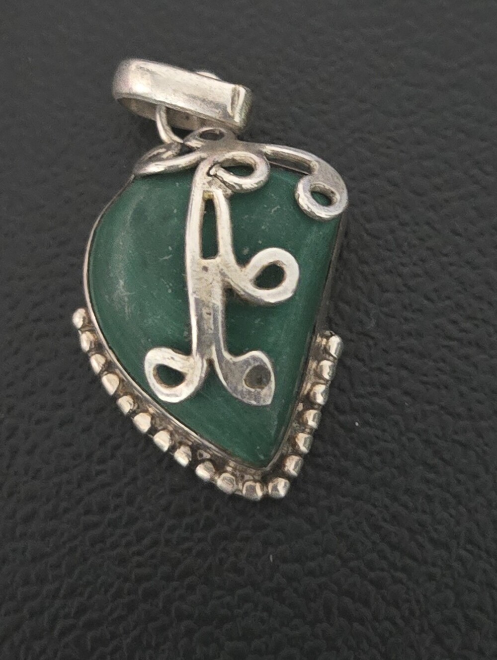 Vintage Green Stone Silver Overlay Pendant  Teardrop Silver Accent